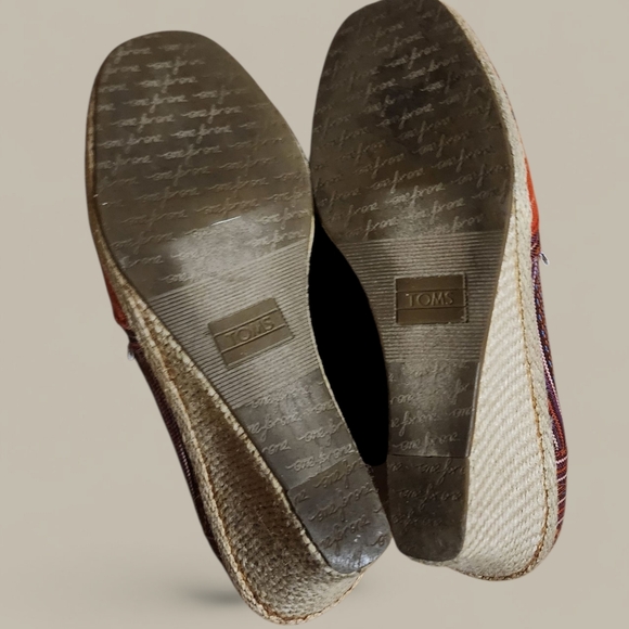 Toms Red Striped Canvas Peep Toe Wedge Espadrille Slip On Shoes Womens 7.5 - Picture 6 of 6